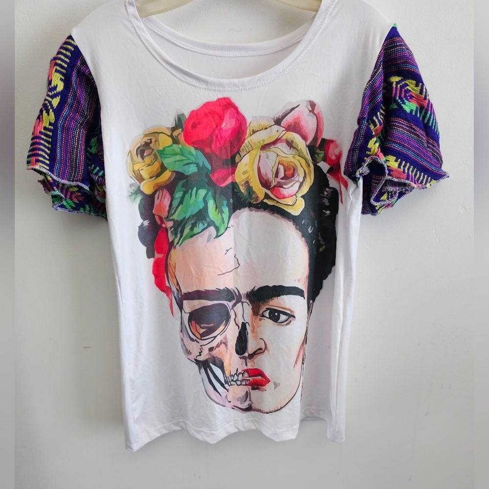 Frida Kahlo Day Of The Dead Colorful Graphic Women's Top Fiesta Sleeves 2XL